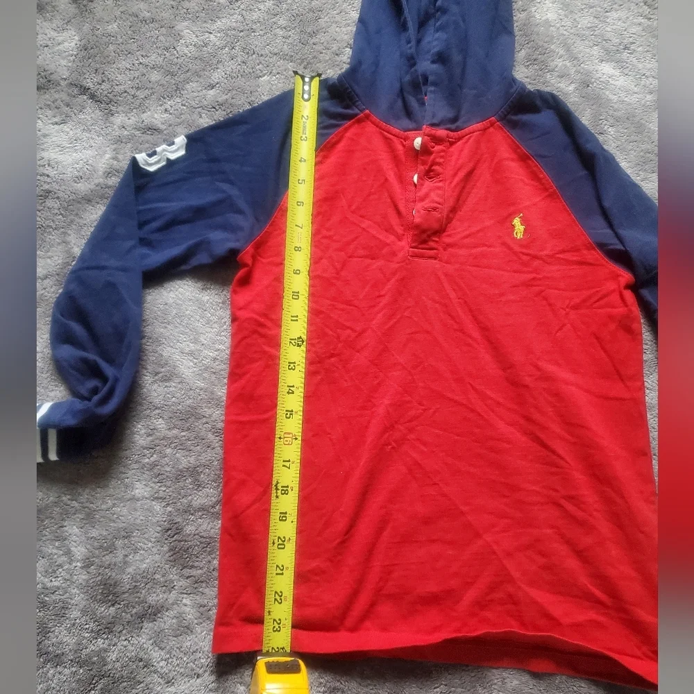 Polo by Ralph Lauren Red and Navy Long Sleeve Tee with Hood Size YOUTH L